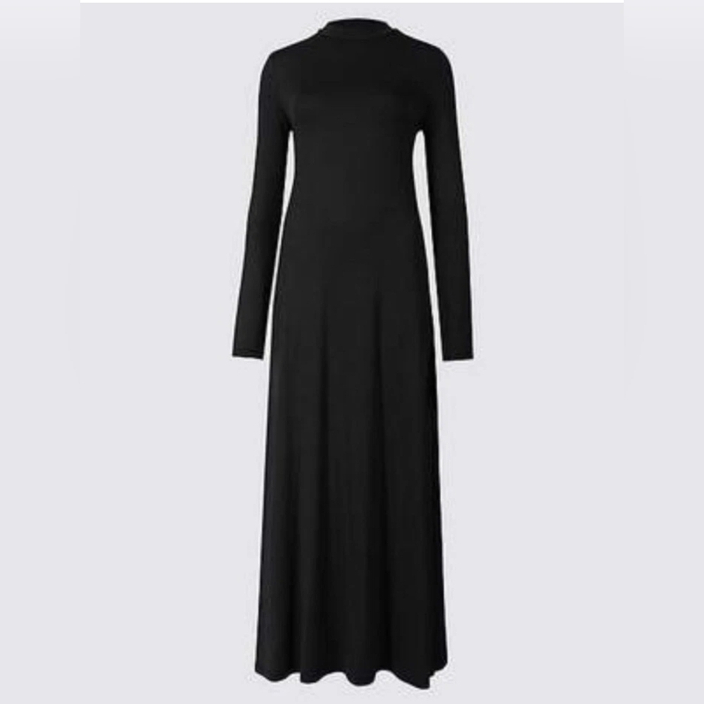 Free People “Beach” Black Mock Neck Longline Maxi Dress XS – Stretchy Boho Chic